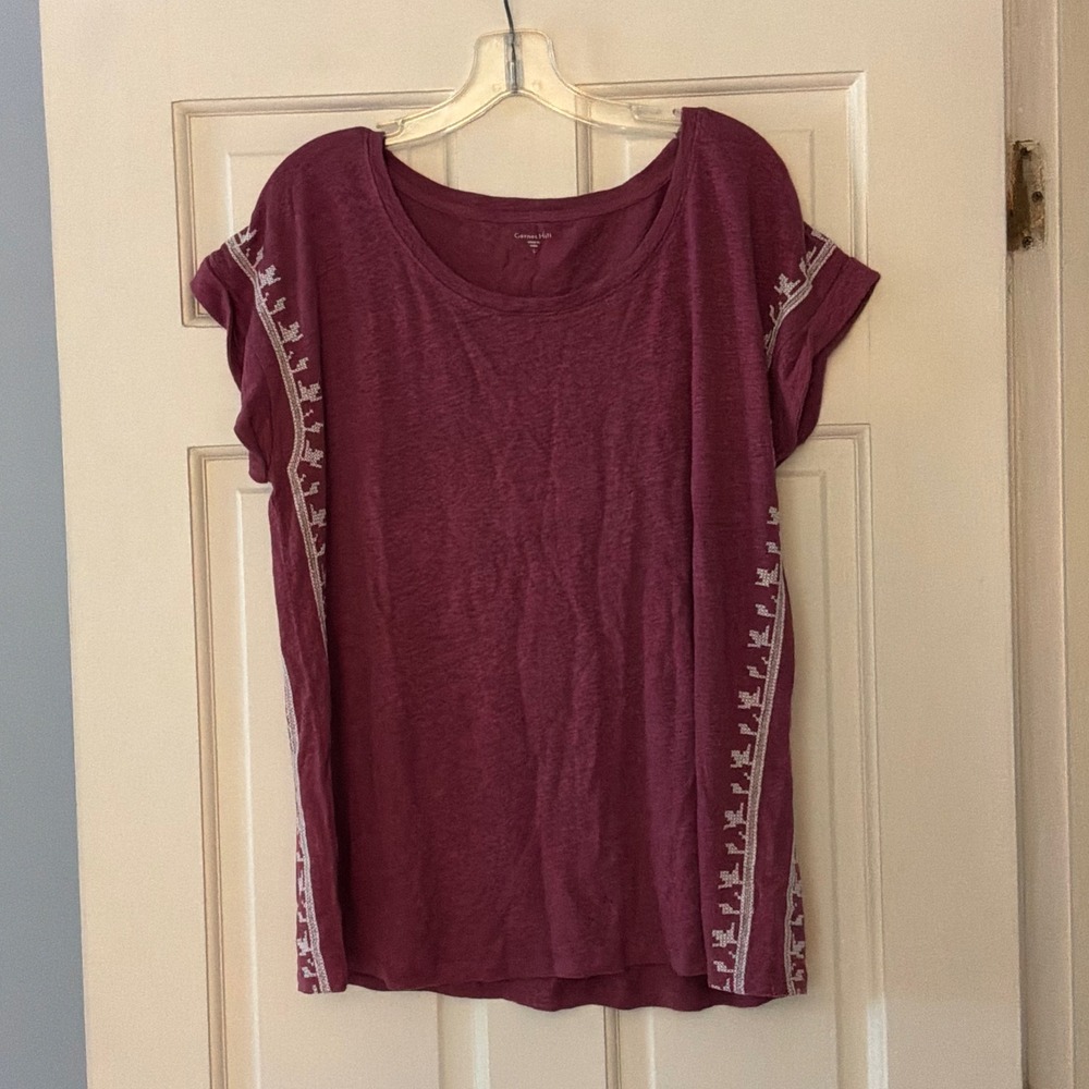 Garnet Hill Organic Linen Embroidered Tee Berry Boho Top L Natural Fibers